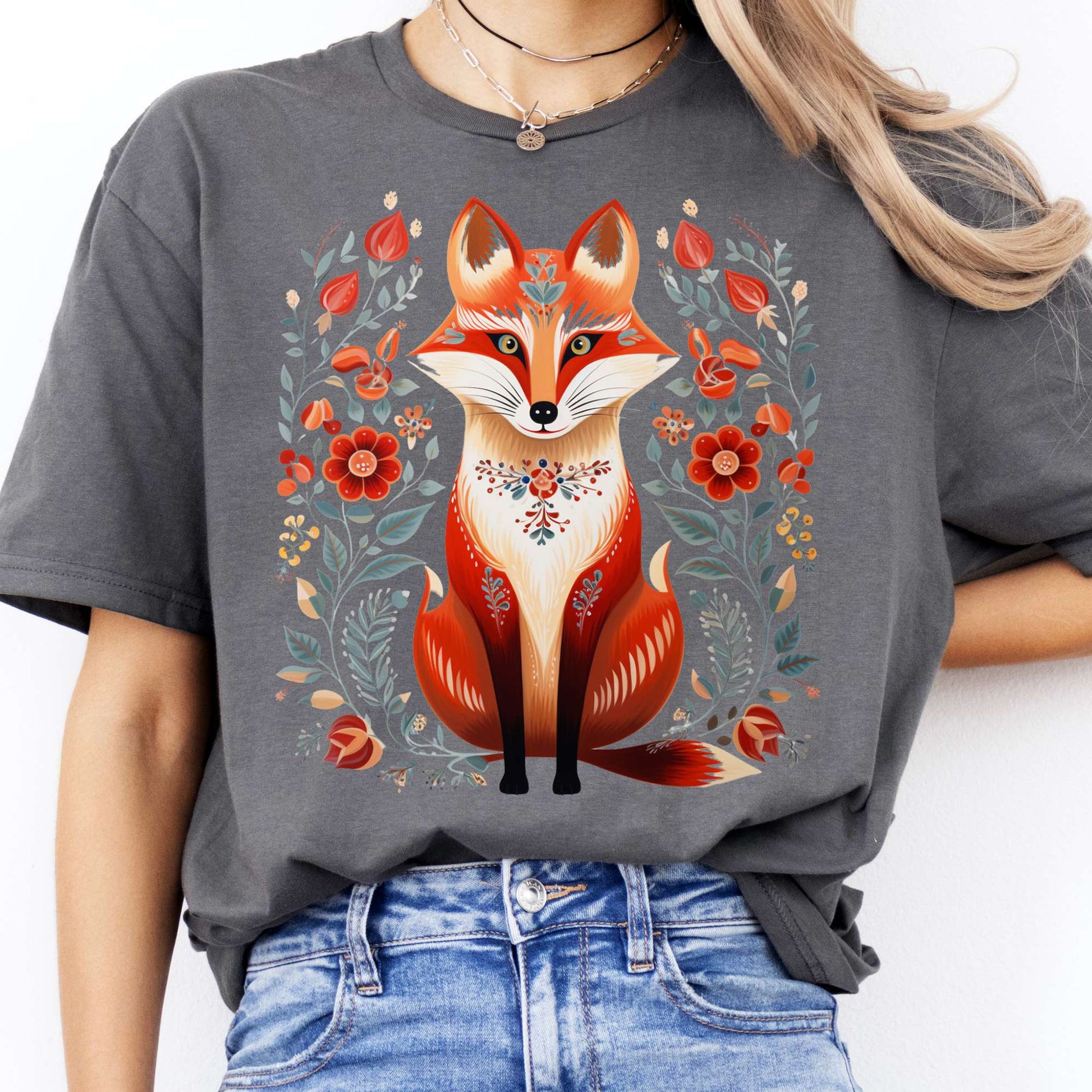 T-Shirt Fox Scandinavian Folk Art T-Shirt The Mystic Eden