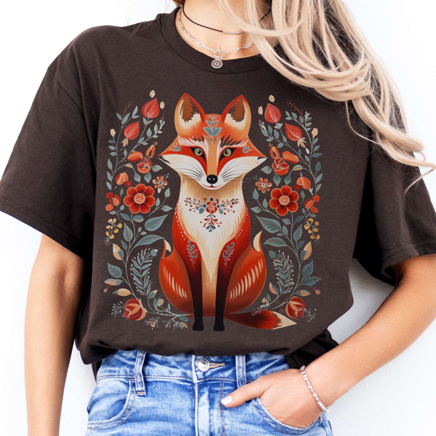 T-Shirt Fox Scandinavian Folk Art T-Shirt The Mystic Eden