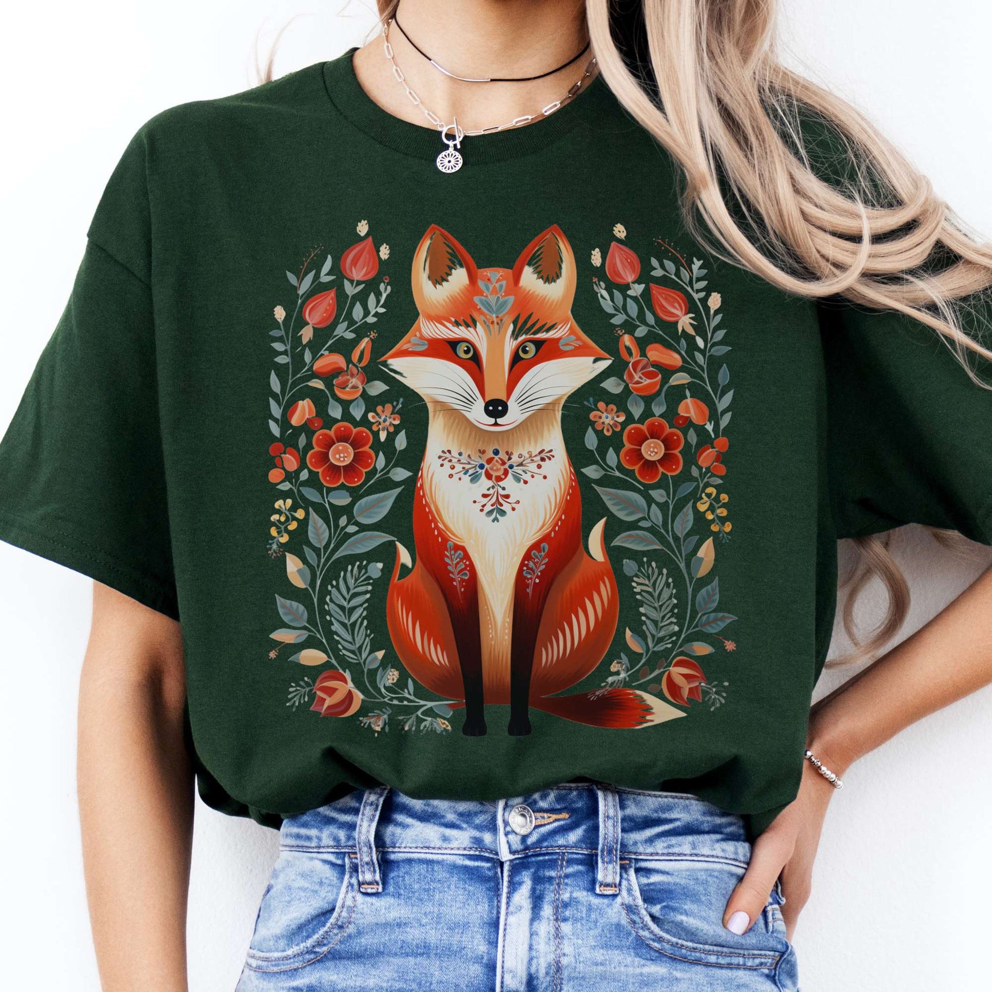 T-Shirt Fox Scandinavian Folk Art T-Shirt The Mystic Eden