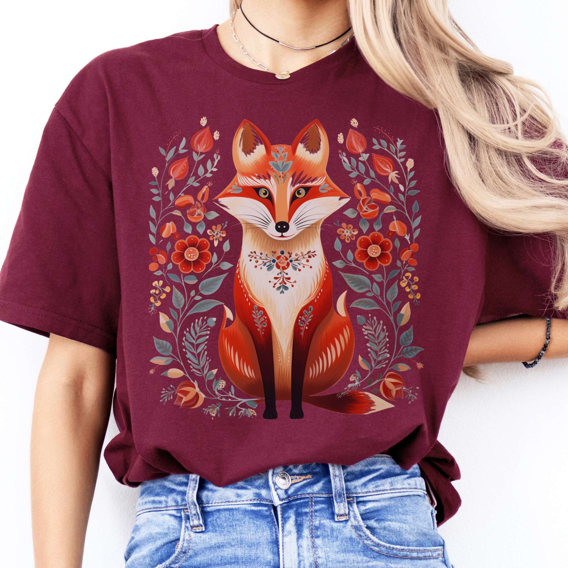 T-Shirt Fox Scandinavian Folk Art T-Shirt The Mystic Eden