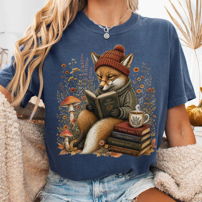 T-Shirt Denim / S The Woodland Reader Fox T-Shirt The Mystic Eden