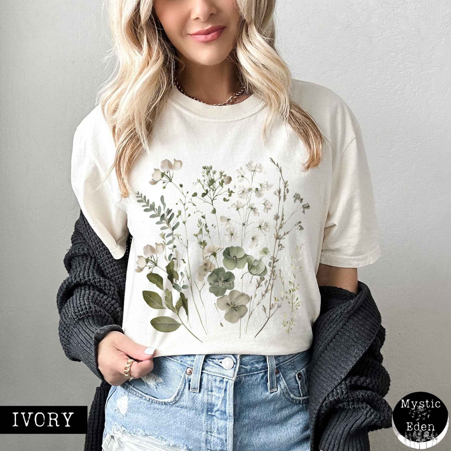 Vintage cottagecore sage and white wildflower shirt