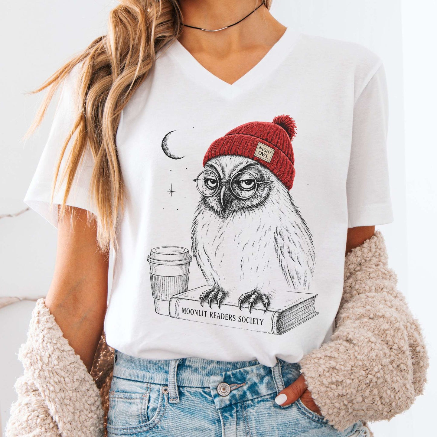 V-neck White / S Moonlit Readers Society Night Owl V-Neck The Mystic Eden