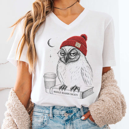 V-neck White / S Moonlit Readers Society Night Owl V-Neck The Mystic Eden