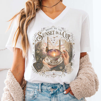 V-neck White / S Bring Me the Sunset in a Cup Emily Dickinson Literary V-Neck The Mystic Eden