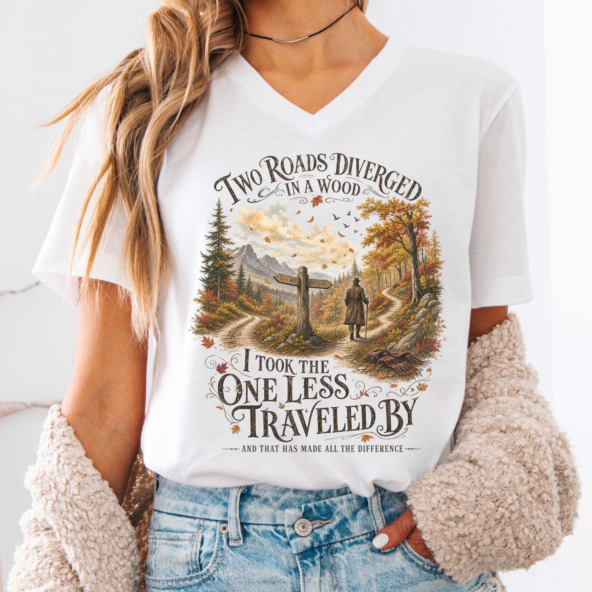 V-neck White / S The Road Not Taken Robert Frost Literary V-Neck The Mystic Eden