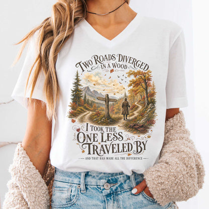V-neck White / S The Road Not Taken Robert Frost Literary V-Neck The Mystic Eden