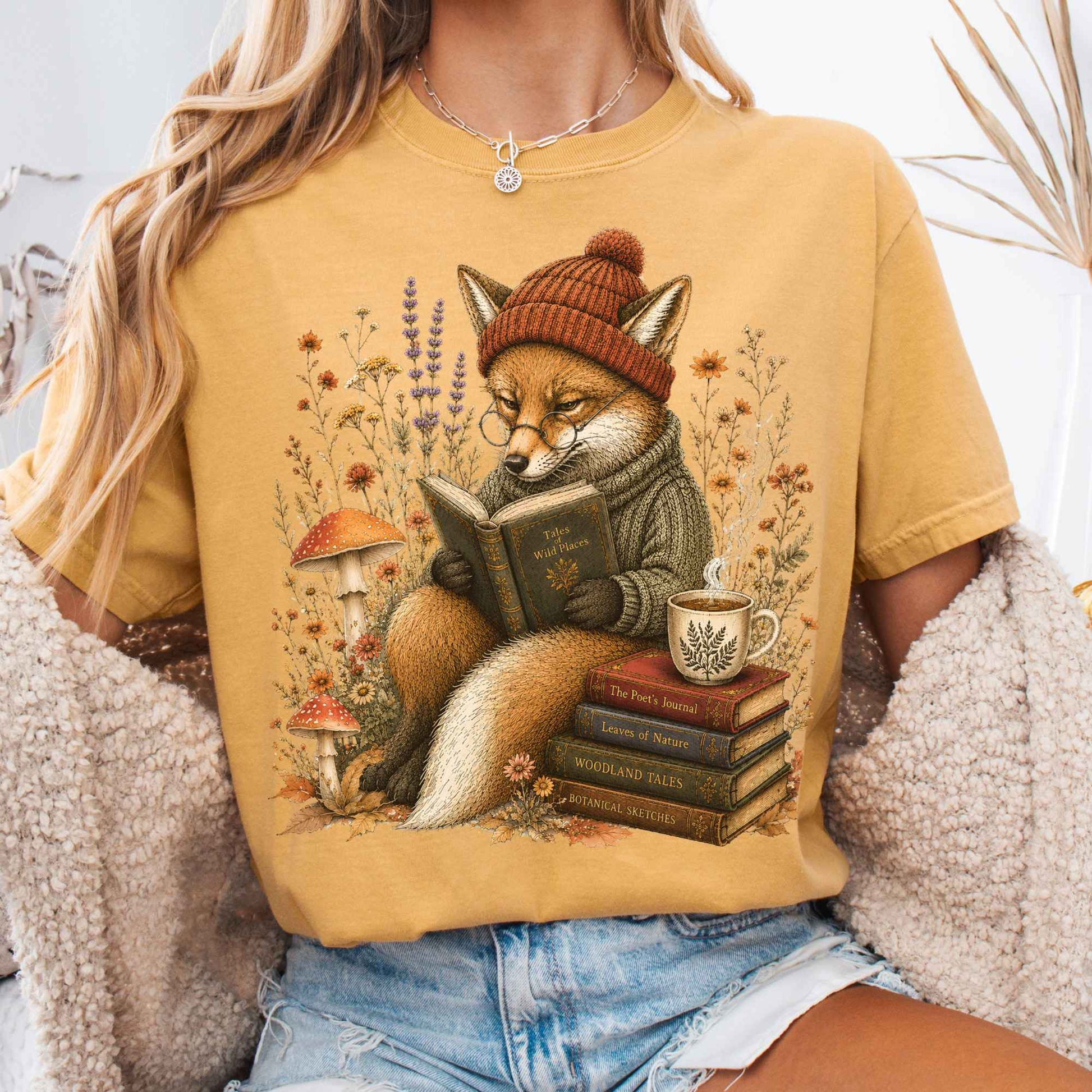 T-Shirt Mustard / S The Woodland Reader Fox T-Shirt The Mystic Eden