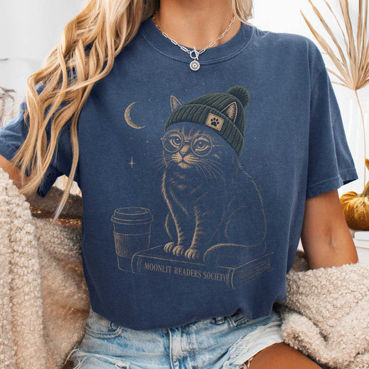 T-Shirt Denim / S Moonlit Readers Society Cat T-Shirt The Mystic Eden