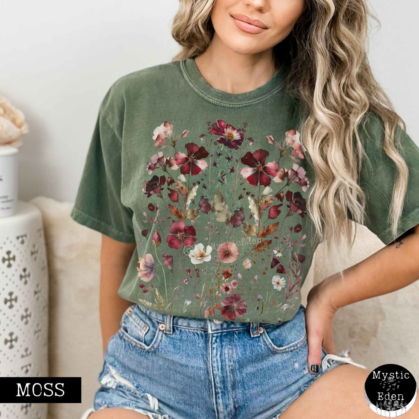 Vintage maroon pressed flowers shirt