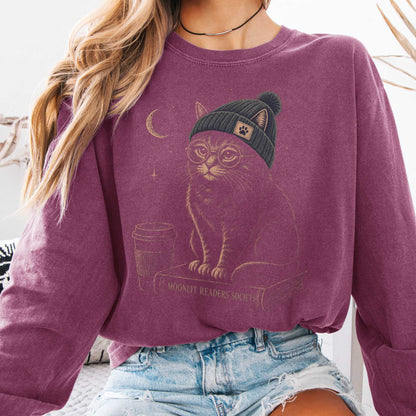 Long-sleeve Berry / S Moonlit Readers Society Cat Long Sleeve The Mystic Eden