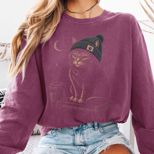 Long-sleeve Berry / S Moonlit Readers Society Cat Long Sleeve The Mystic Eden