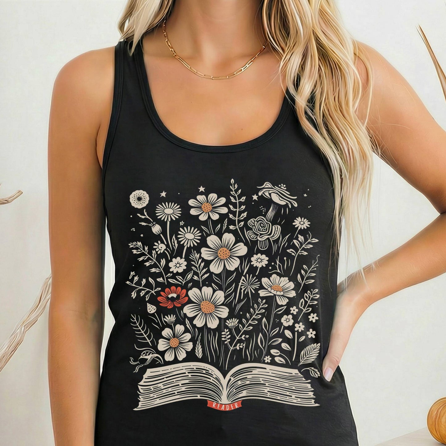 Tank Top Solid Black / XS Floral Book Reader Women's Racerback Tank Top The Mystic Eden