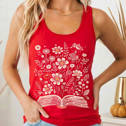 Tank Top Solid Red / XS Floral Book Reader Women's Racerback Tank Top The Mystic Eden