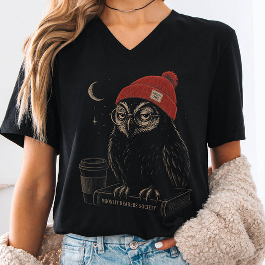 V-neck Black / S Moonlit Readers Society Night Owl V-Neck The Mystic Eden