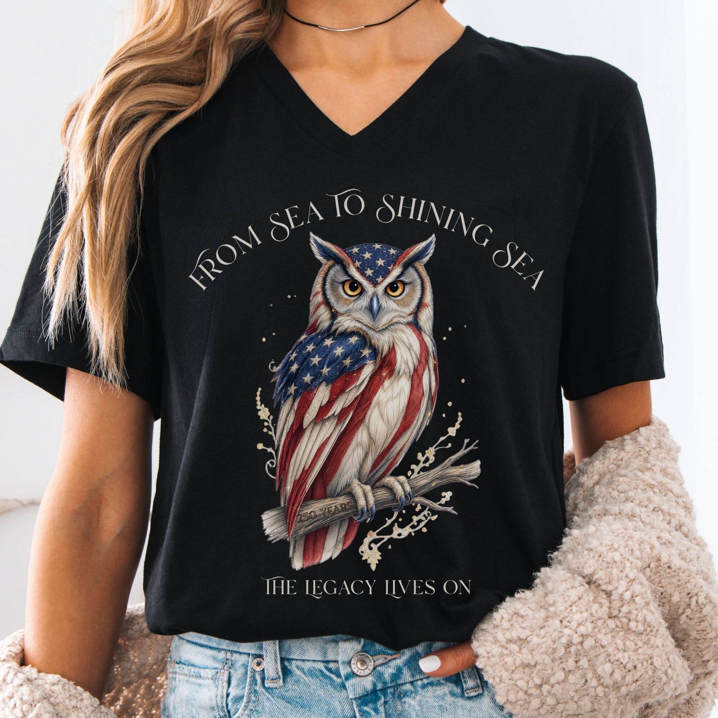 V-neck Black / S The Legacy Lives On America 250 Owl V-Neck The Mystic Eden