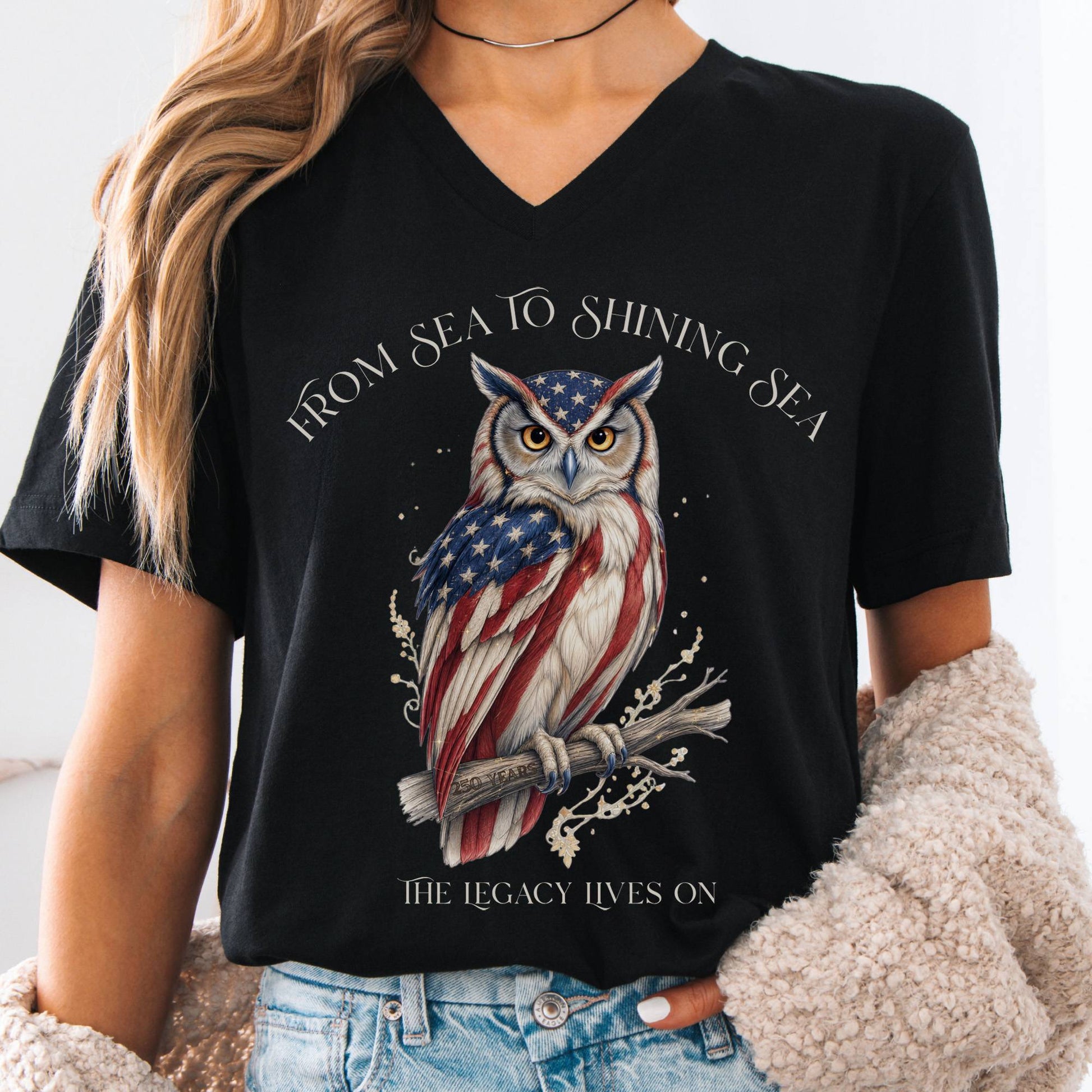 V-neck Black / S The Legacy Lives On America 250 Owl V-Neck The Mystic Eden