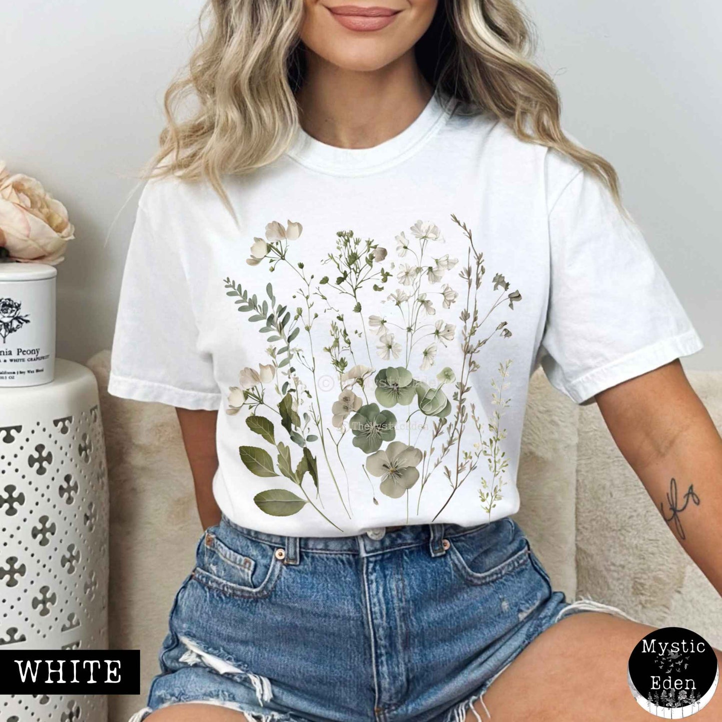 Vintage cottagecore sage and white wildflower shirt