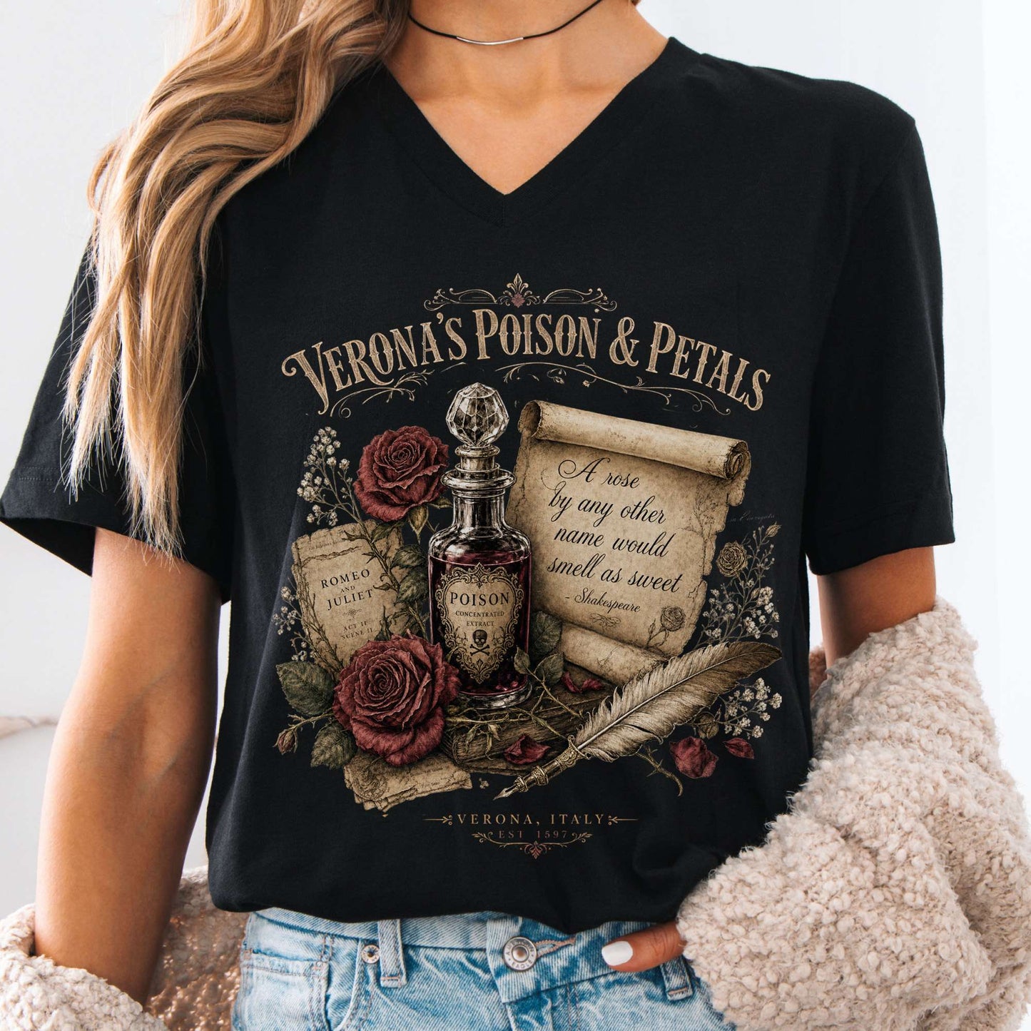 V-neck Black / S Shakespeare's Verona's Poison & Petals Romeo & Juliet V-Neck The Mystic Eden