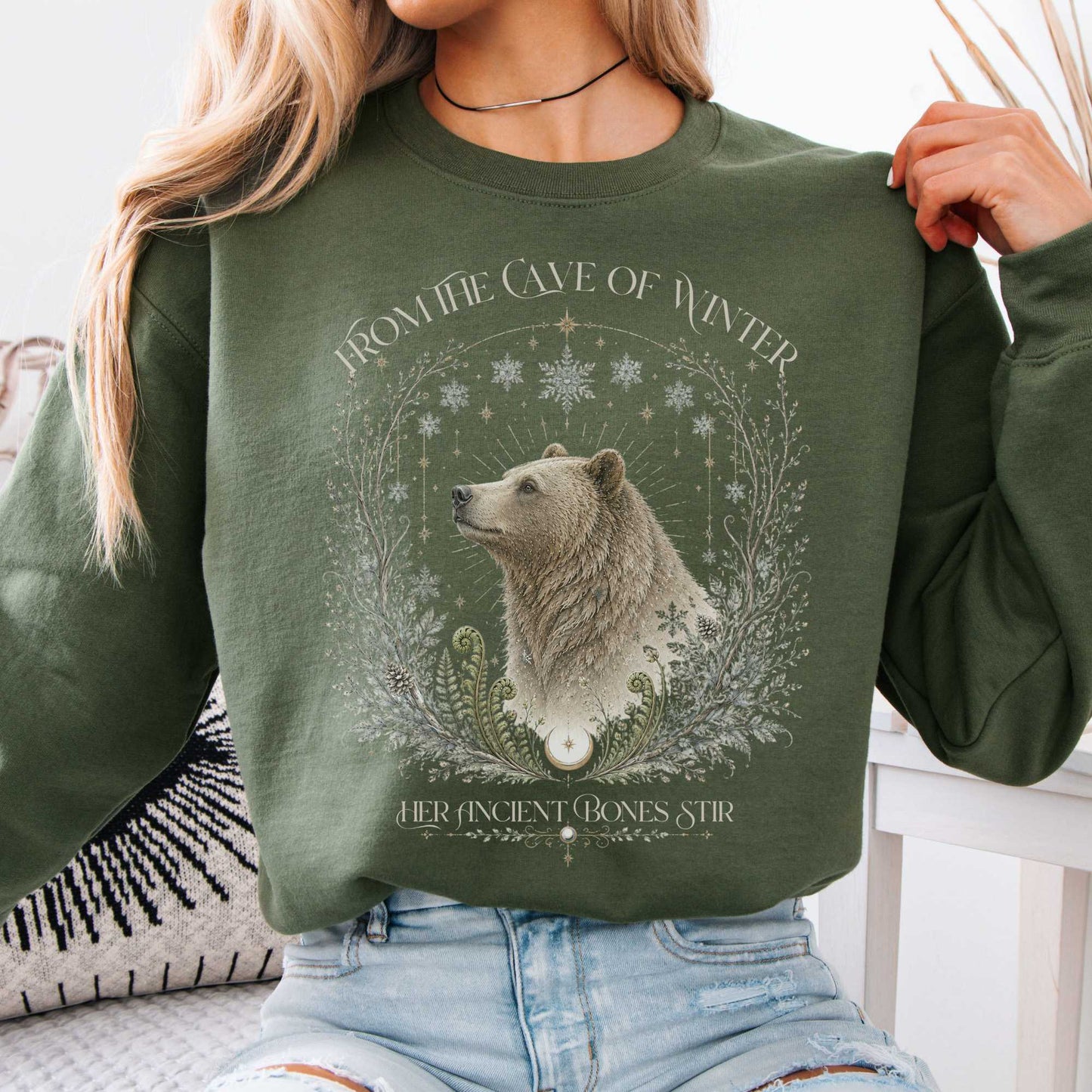 Sweatshirt Military Green / S From the Cave of Winter Her Ancient Bones Stir Crewneck Sweatshirt The Mystic Eden