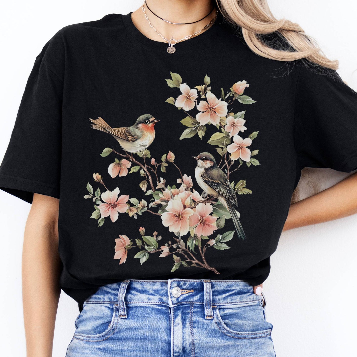 T-Shirt Whimsical Birds Floral Cottagecore  T-Shirt The Mystic Eden