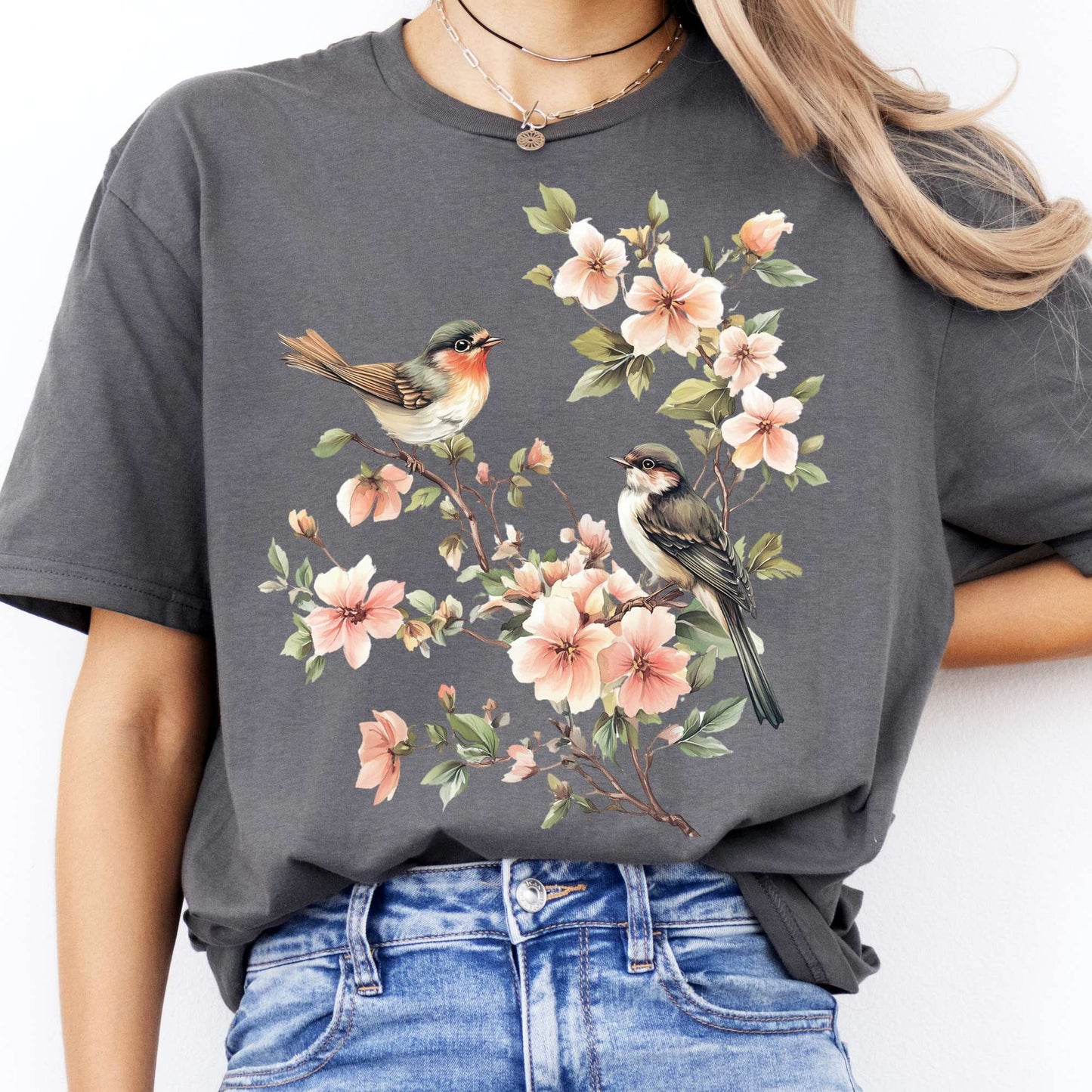 T-Shirt Whimsical Birds Floral Cottagecore  T-Shirt The Mystic Eden