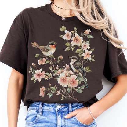 T-Shirt Whimsical Birds Floral Cottagecore  T-Shirt The Mystic Eden