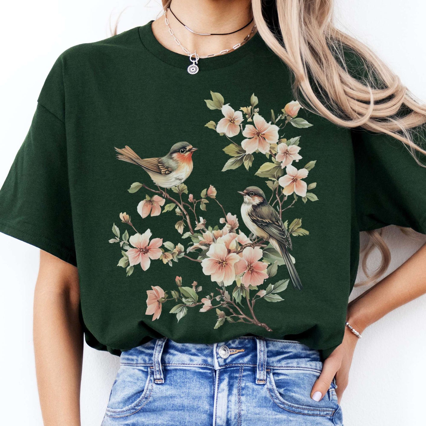 T-Shirt Whimsical Birds Floral Cottagecore  T-Shirt The Mystic Eden