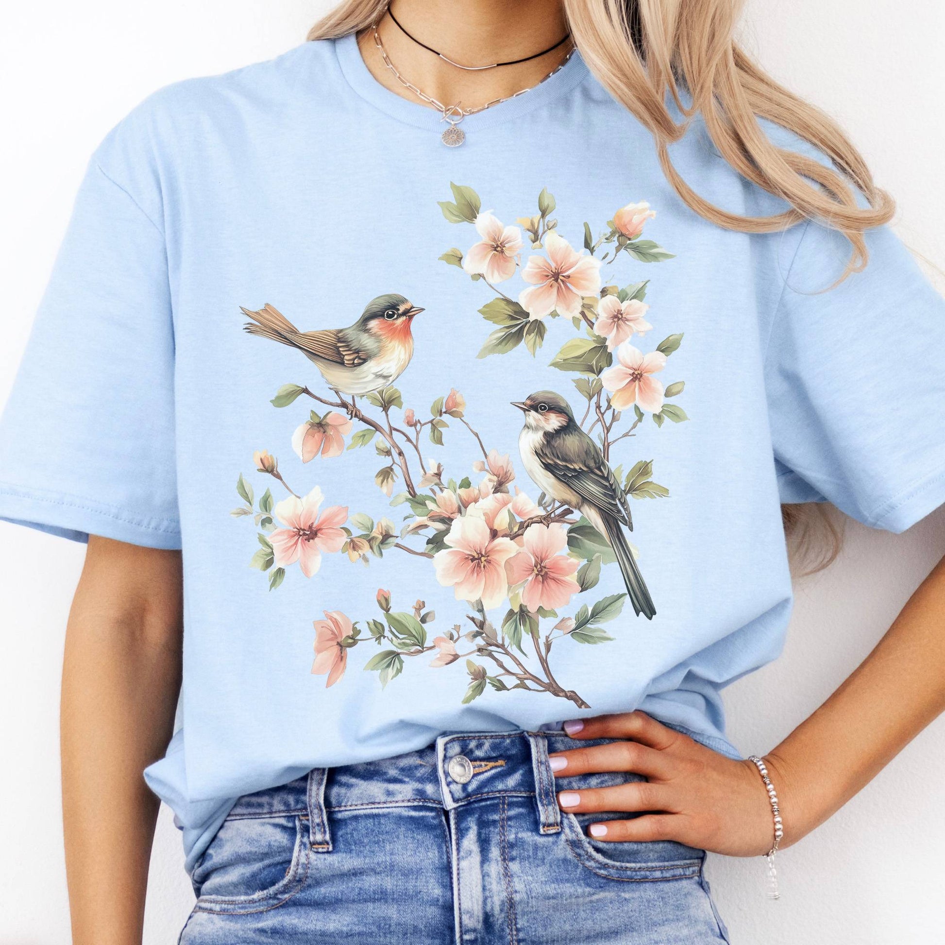 T-Shirt Whimsical Birds Floral Cottagecore  T-Shirt The Mystic Eden