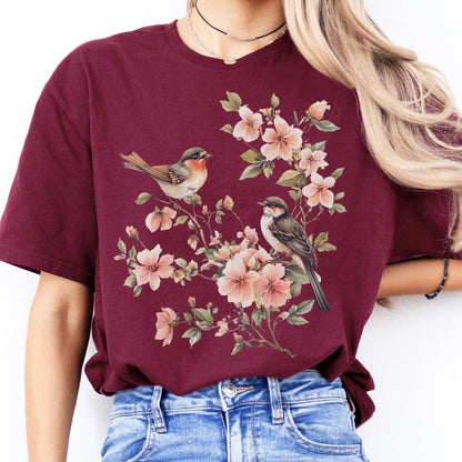 T-Shirt Whimsical Birds Floral Cottagecore  T-Shirt The Mystic Eden
