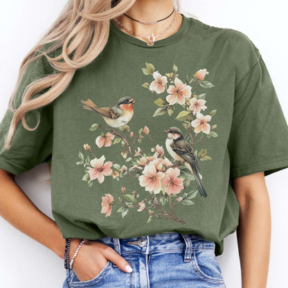 T-Shirt Whimsical Birds Floral Cottagecore  T-Shirt The Mystic Eden