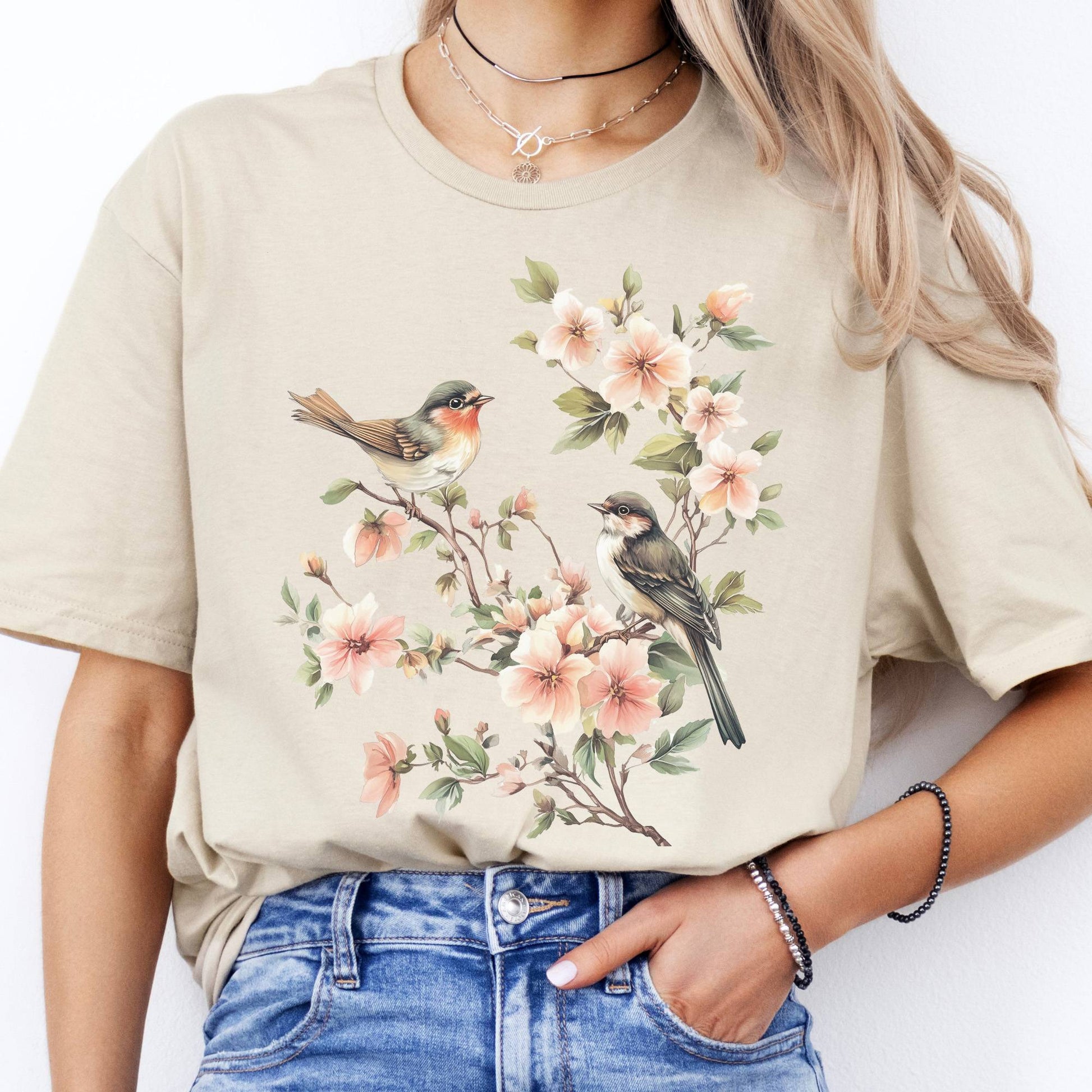 T-Shirt Whimsical Birds Floral Cottagecore  T-Shirt The Mystic Eden