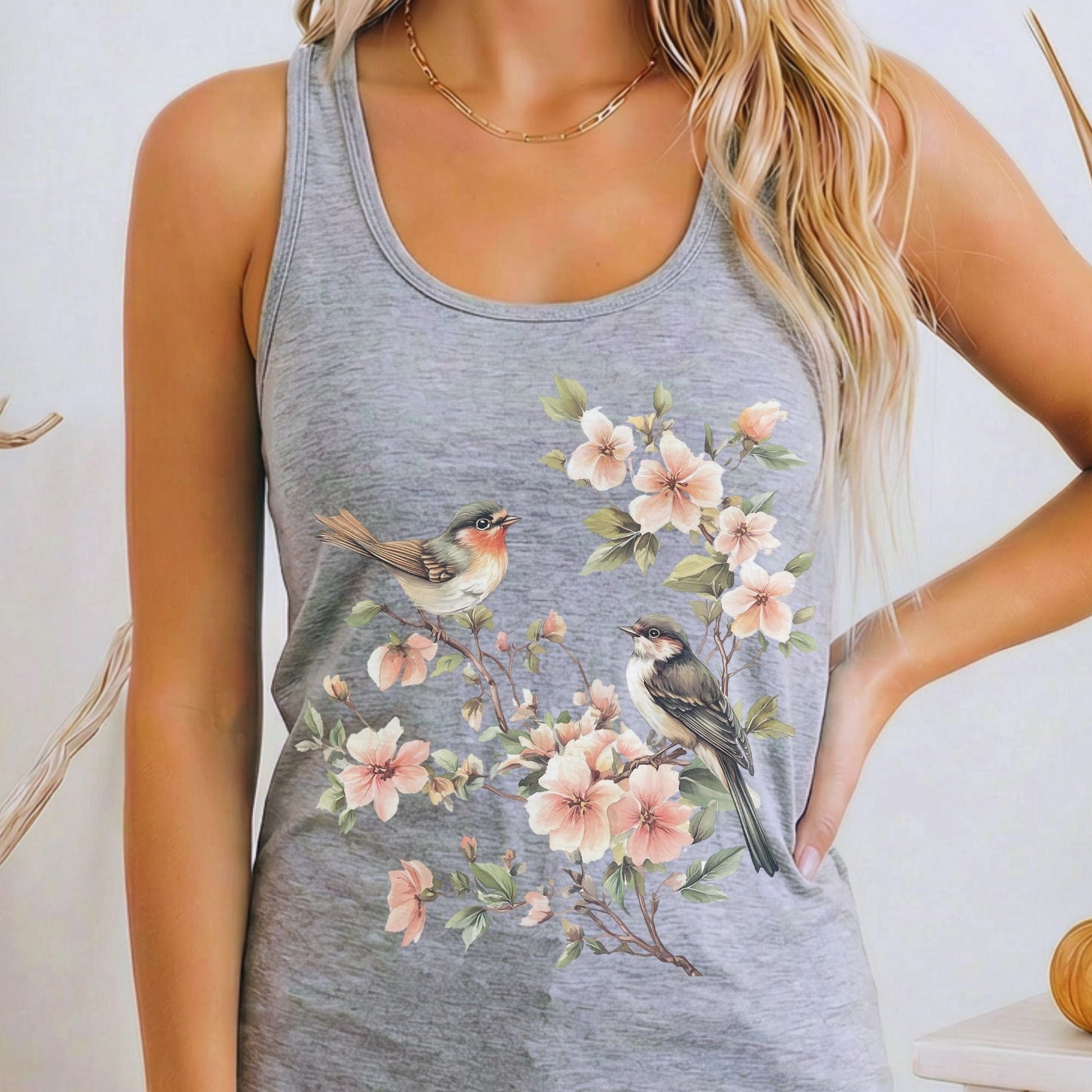 Tank Top Heather Grey / XS Whimsical Birds Floral Women's Racerback Tank Top The Mystic Eden