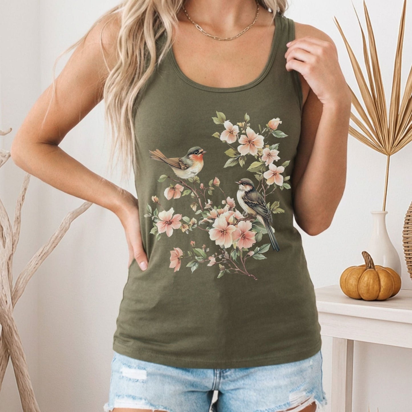Tank Top Whimsical Birds Floral Women's Racerback Tank Top The Mystic Eden