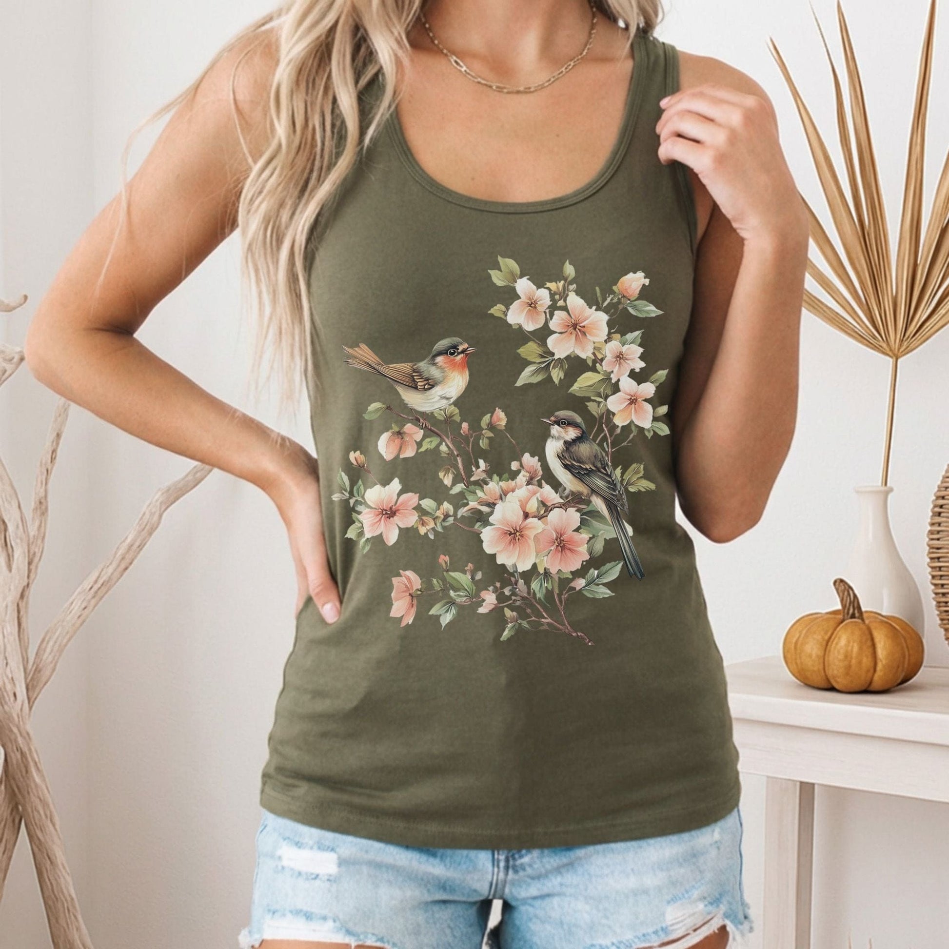 Tank Top Whimsical Birds Floral Women's Racerback Tank Top The Mystic Eden