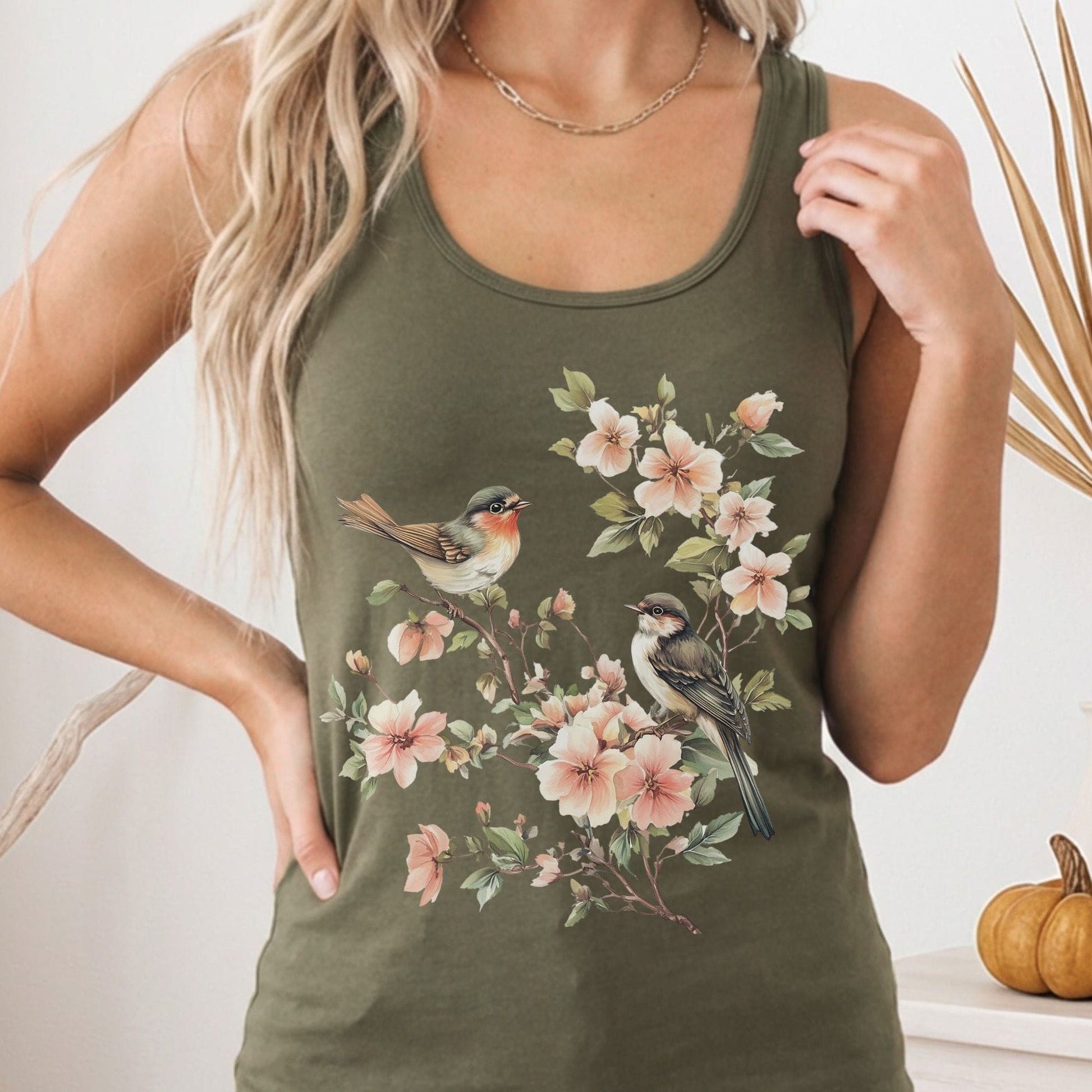 Tank Top Solid Military Green / XS Whimsical Birds Floral Women's Racerback Tank Top The Mystic Eden