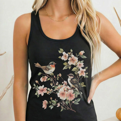 Tank Top Solid Black / XS Whimsical Birds Floral Women's Racerback Tank Top The Mystic Eden