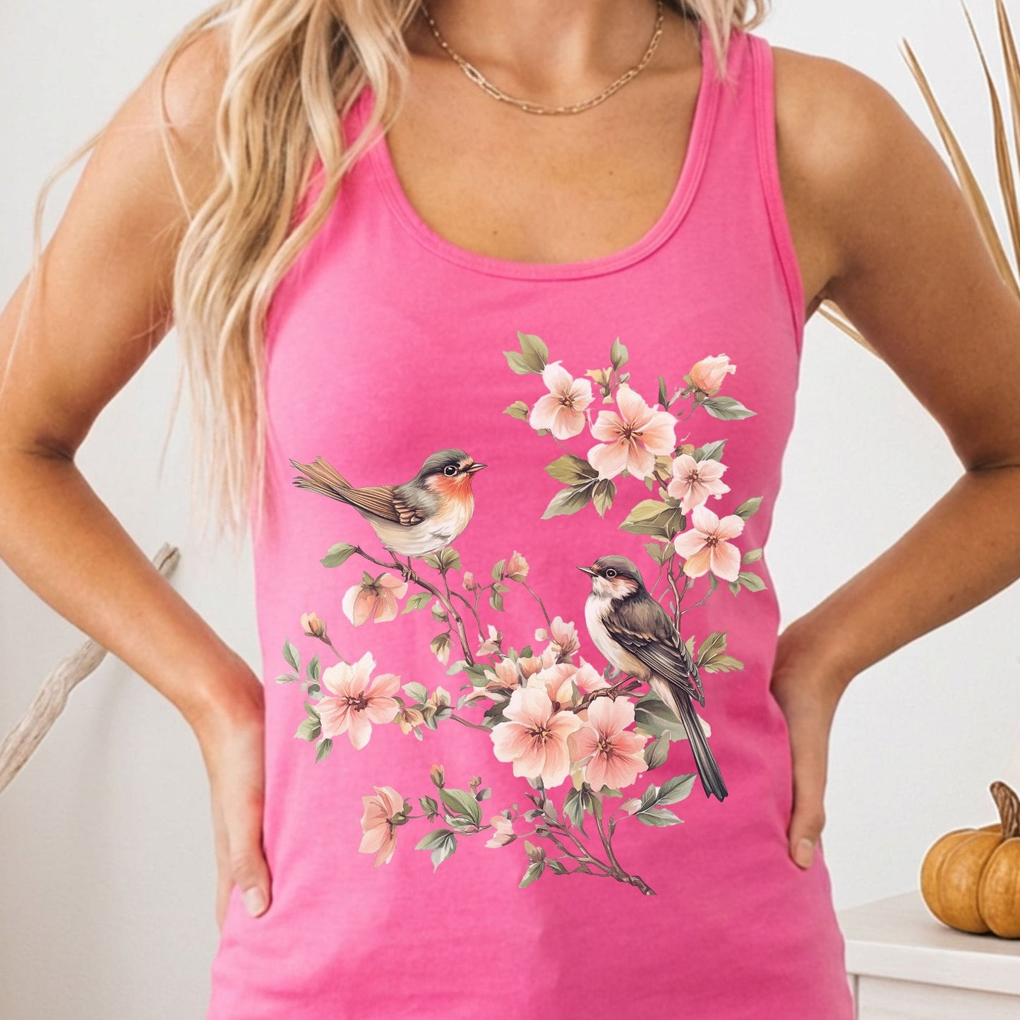 Tank Top Solid Hot Pink / XS Whimsical Birds Floral Women's Racerback Tank Top The Mystic Eden