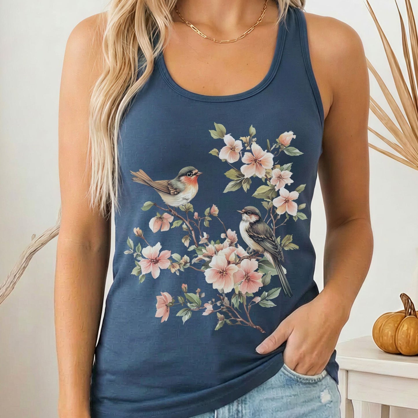 Tank Top Solid Indigo / XS Whimsical Birds Floral Women's Racerback Tank Top The Mystic Eden