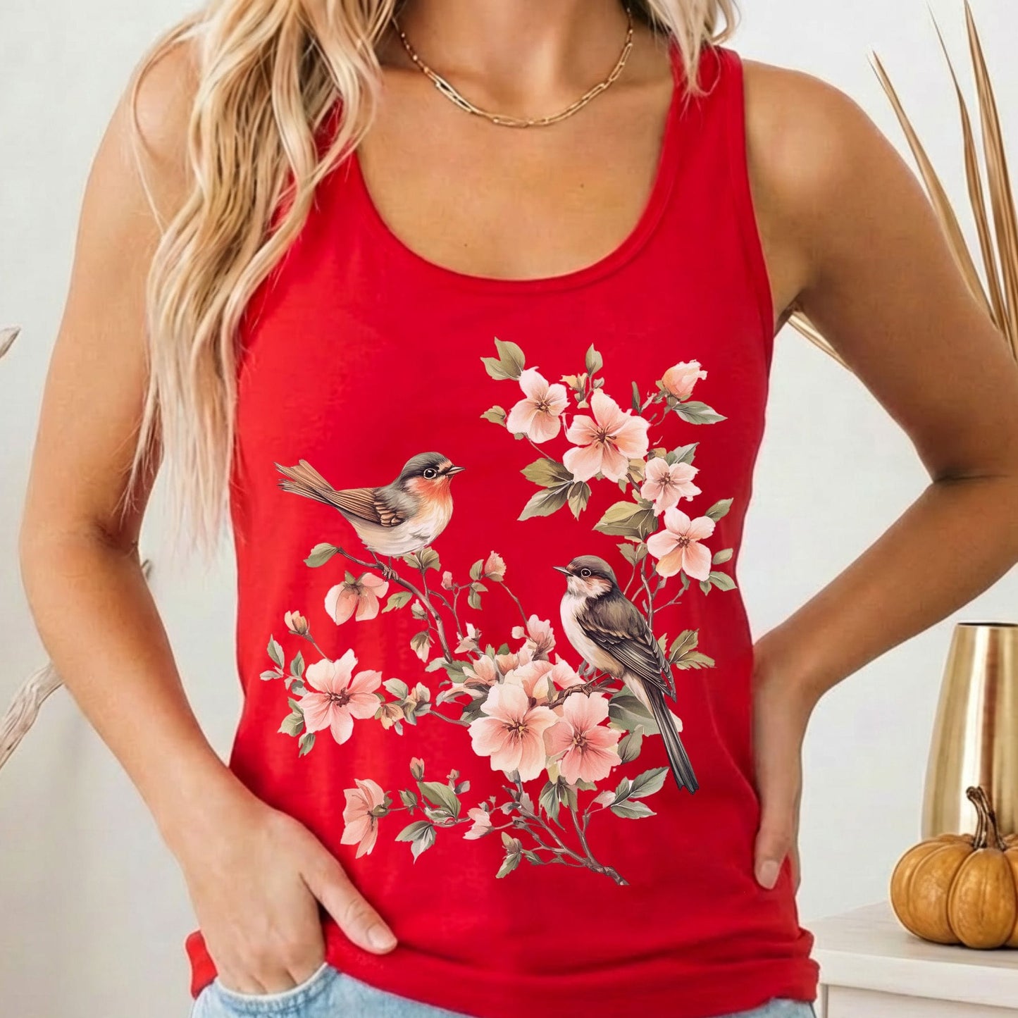 Tank Top Solid Red / XS Whimsical Birds Floral Women's Racerback Tank Top The Mystic Eden
