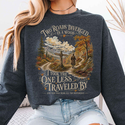 Sweatshirt Dark Heather / S The Road Not Taken Robert Frost Literary Crewneck Sweatshirt The Mystic Eden