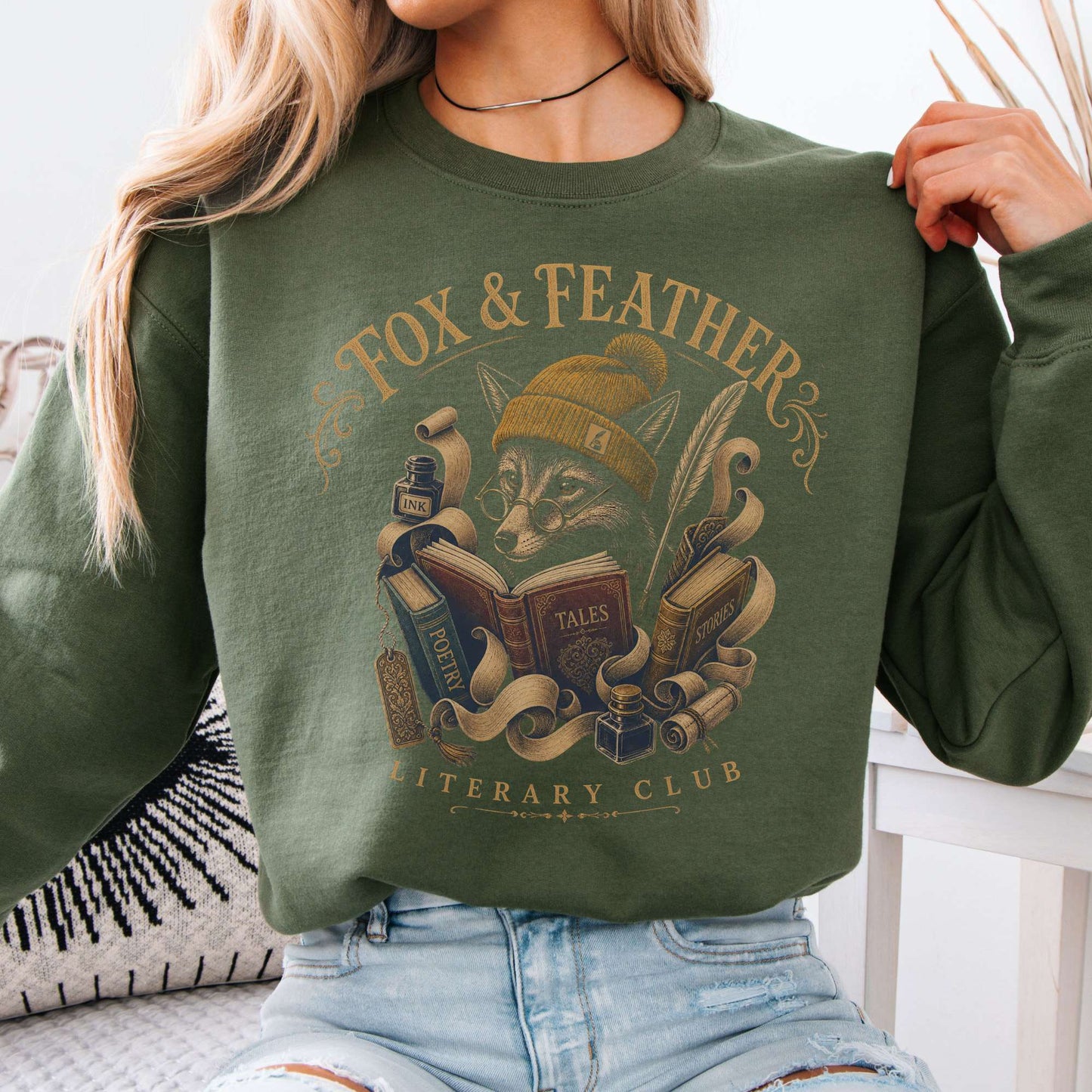 Sweatshirt Military Green / S Fox & Feather Literary Club Crewneck Sweatshirt The Mystic Eden