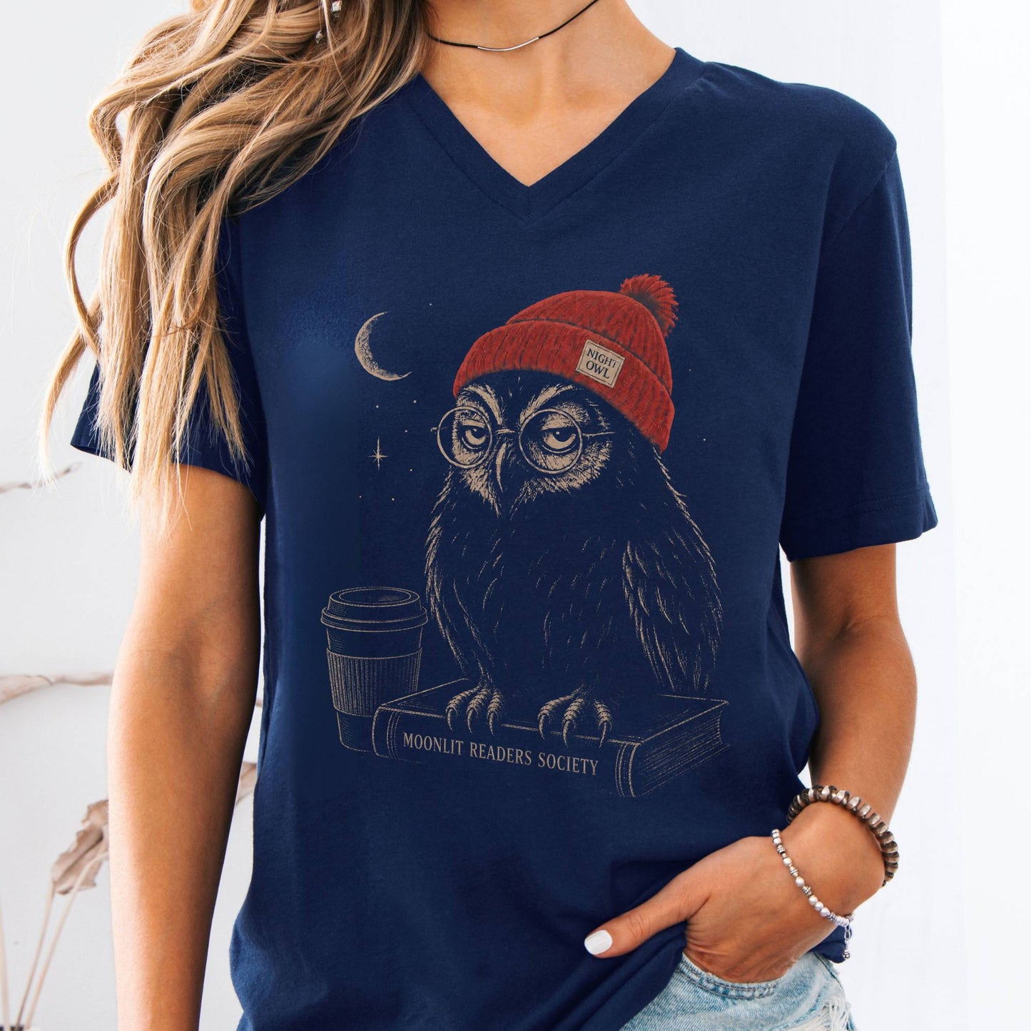 V-neck Navy / S Moonlit Readers Society Night Owl V-Neck The Mystic Eden