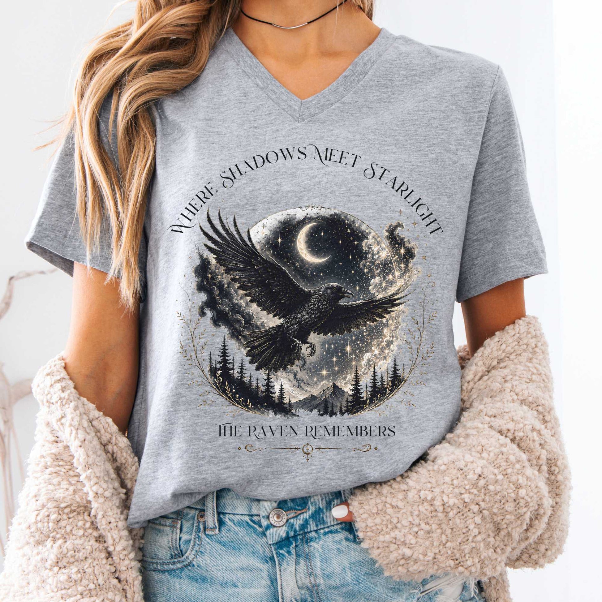 V-neck Athletic Heather / S Where Shadows Meet Starlight Raven V-Neck The Mystic Eden