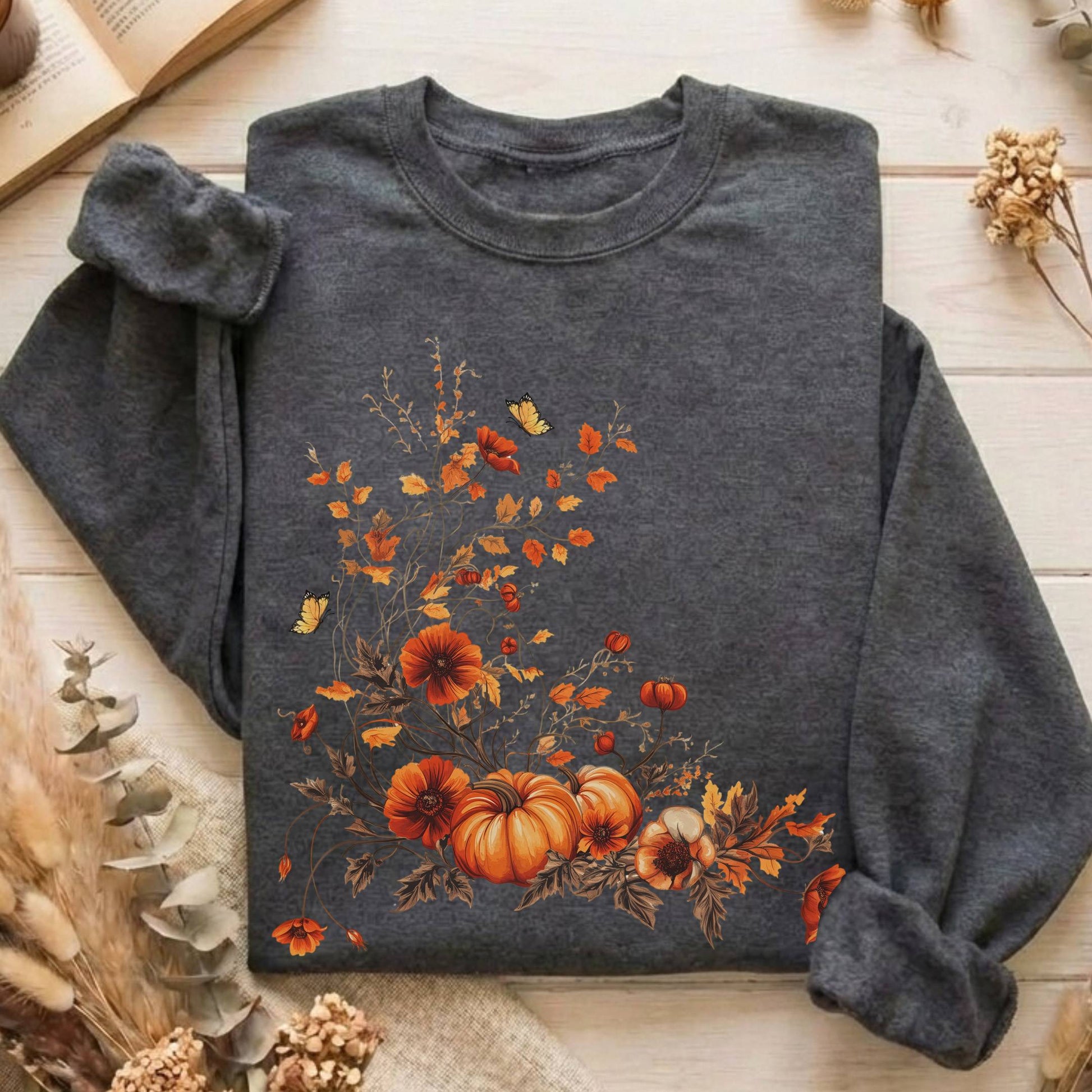 Sweatshirt Dark Heather / S Fall Floral Pumpkin Sweatshirt The Mystic Eden