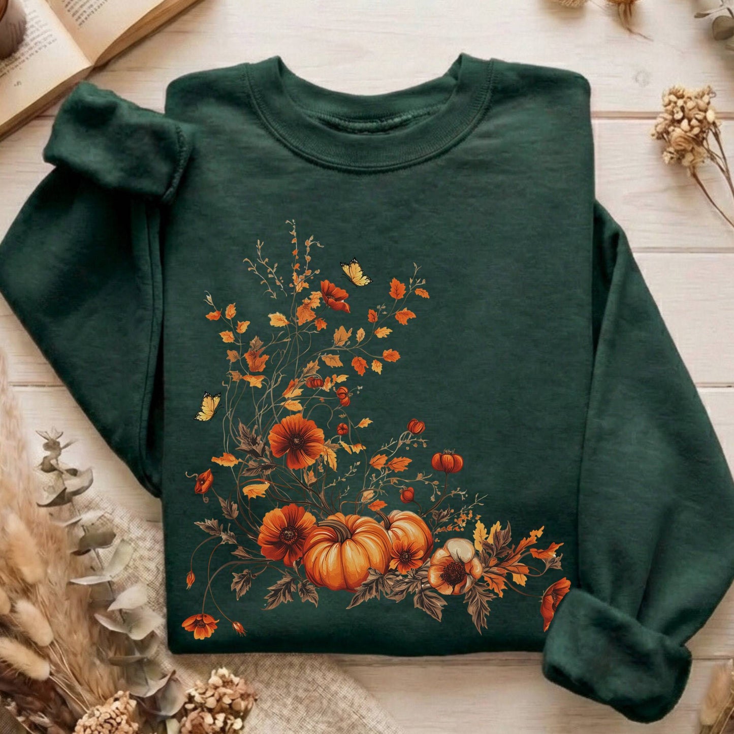 Sweatshirt Forest Green / S Fall Floral Pumpkin Sweatshirt The Mystic Eden