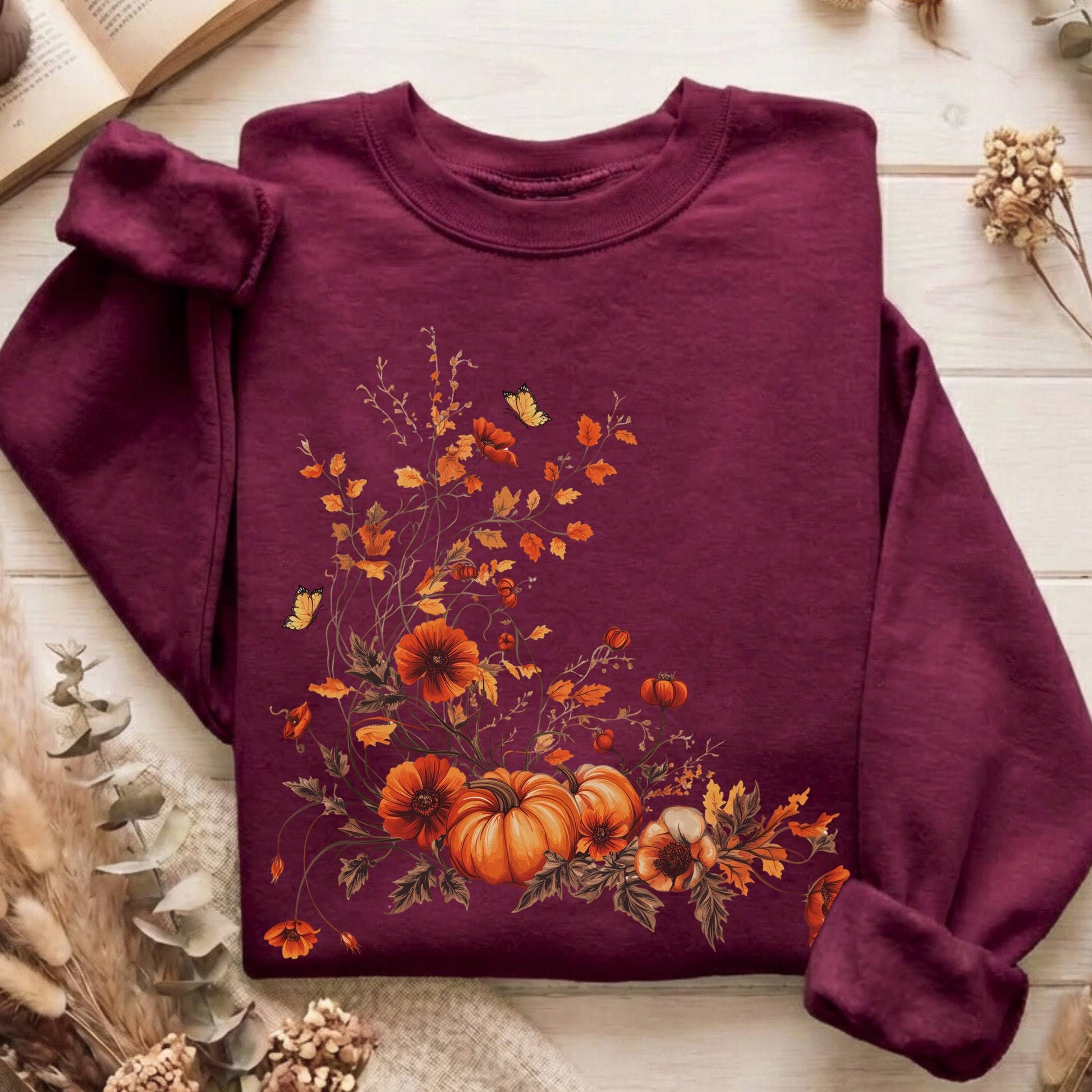 Sweatshirt Maroon / S Fall Floral Pumpkin Sweatshirt The Mystic Eden