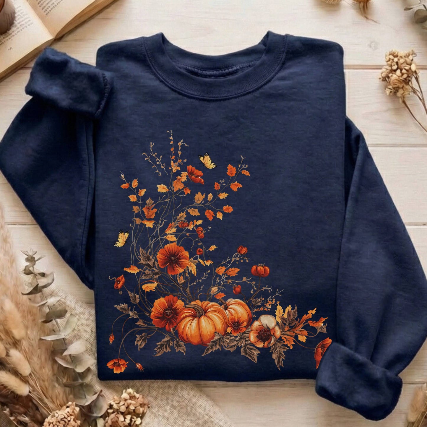 Sweatshirt Navy / S Fall Floral Pumpkin Sweatshirt The Mystic Eden