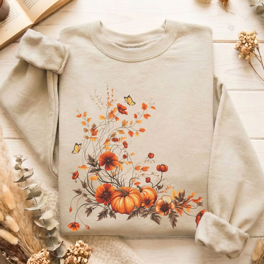 Sweatshirt Sand / S Fall Floral Pumpkin Sweatshirt The Mystic Eden