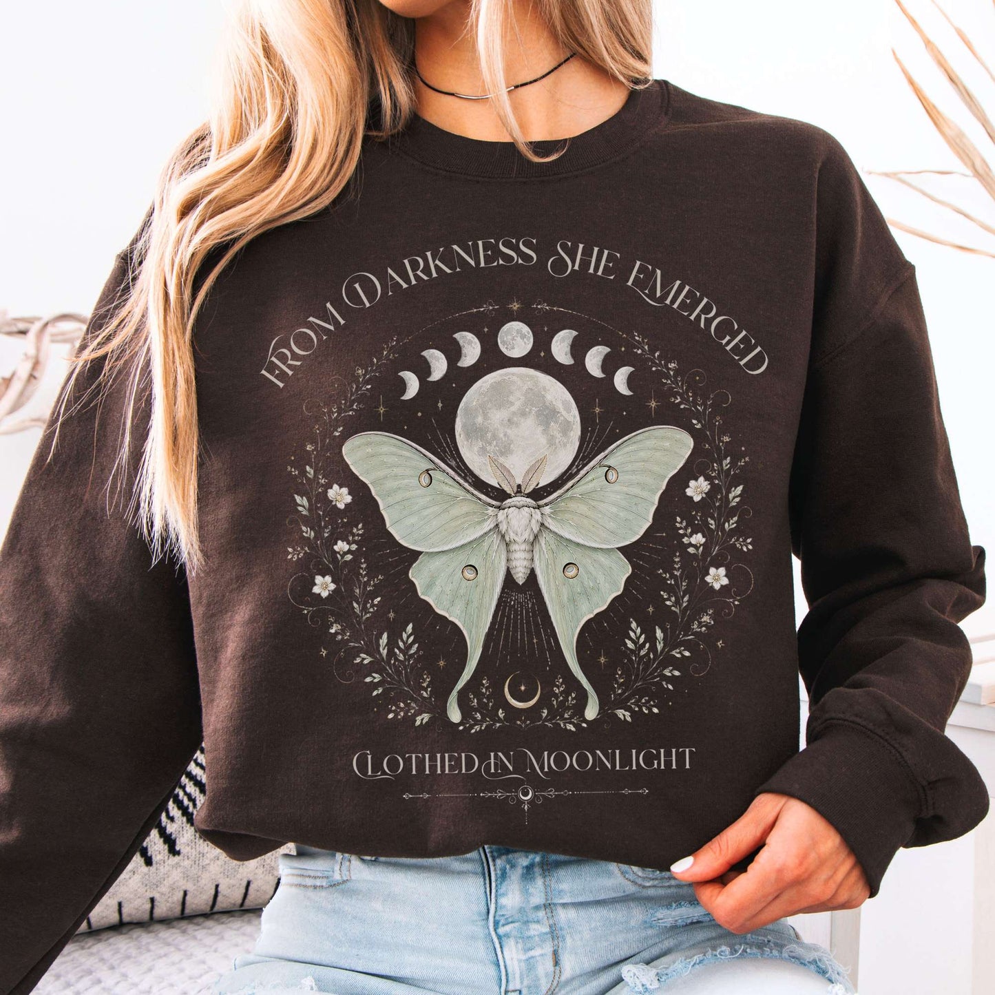 Sweatshirt Dark Chocolate / S From Darkness She Emerged Clothed in Moonlight Crewneck Sweatshirt The Mystic Eden